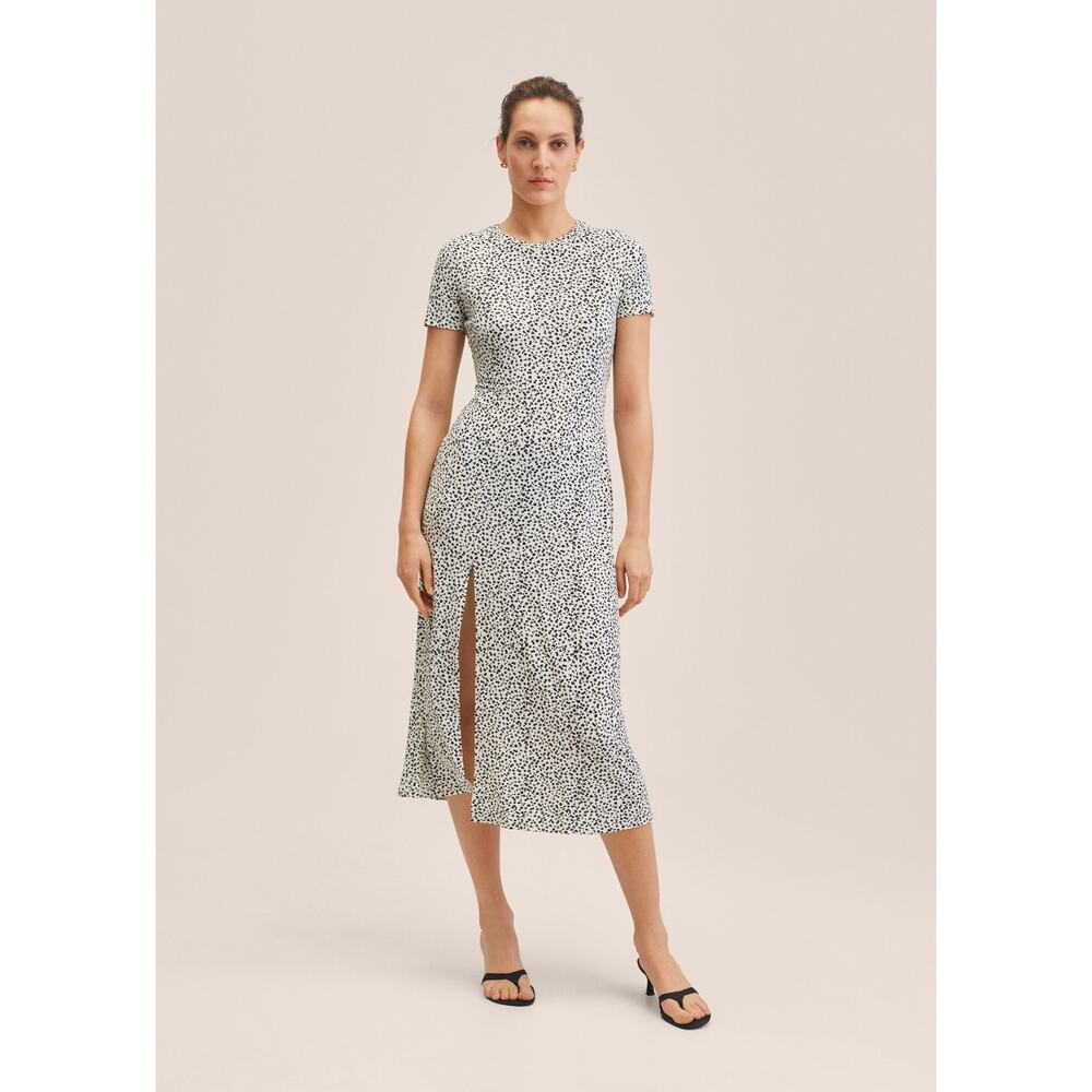 MNG MANGO Women's L Floral Slit Hem Short Sleeve Midi Dress w Slit Stretchy